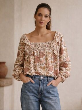 Hannah Artwear Boho Floral Ruffle Square-Neck Blouse Cream Multicolor Size 3/XL